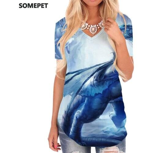 SOMEPET Long T-shirt women Animal V-neck Tshirt Harajuku T-shirts 3d Womens Clothing Fashion Casual Tops New High Quality