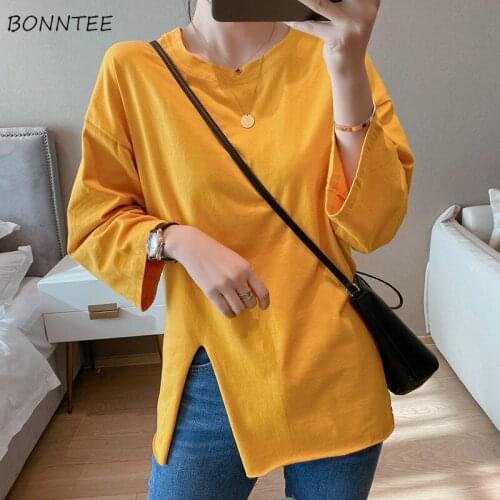 T-shirts Women Simple Autumn Harajuku Side-split Solid All-match Trendy O-neck Ins Leisure College Unisex Clothes Ulzzang Loose