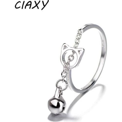 CIAXY 925 Sterling Silver Hollow Cat Bell Rings for Women Girl Tassel Chain Adjustable Ring Creative Jewelry