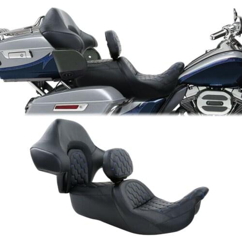 Motorcycle Black Blue Driver Passenger Seat Backrest Pad Set For Harley Touring Road King Glide 2014-2020