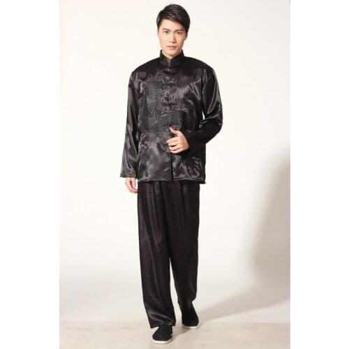 Kung Fu Suit Vintage Embroidery Chinese Traditional Mens Satin Dragon Tai Chi Wushu Uniform Black Clothing new 2020