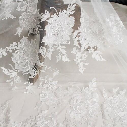 Off-white Peony Full Embroidered Lace Fabric Wedding Dress Cloth Table Cloth Photoground Cloth Width 133cm 1yard
