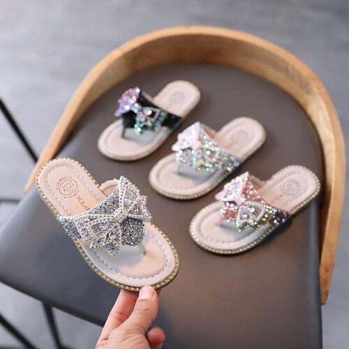 Summer girls sandals with rhinestones beautiful home slippers girls baby fashion bow bling princess slippers