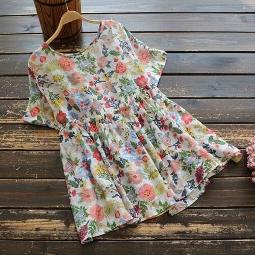 Summer New Style Plus Size Shirt Short-sleeved Round Neck Loose Literary Print Retro Blouse Pullover Shirt Women Blouses