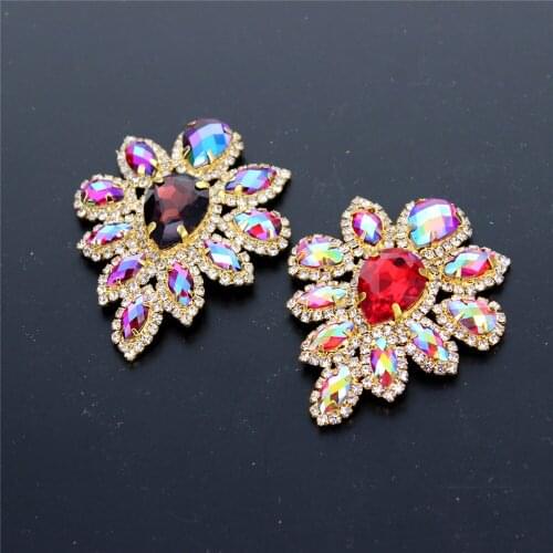Metallic Multicolor Sew on Rhinestone Applique For Wedding Dress Crystal AB Glass Strass Rhinestone Applique With Gold Base