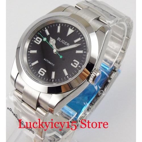 BLIGER Polished Self Winding Men Watch 24 Jewels NH35 21 Jewels MIYOTA 8215 Brushed Oyster Strap Green Second Hand Flat Glass