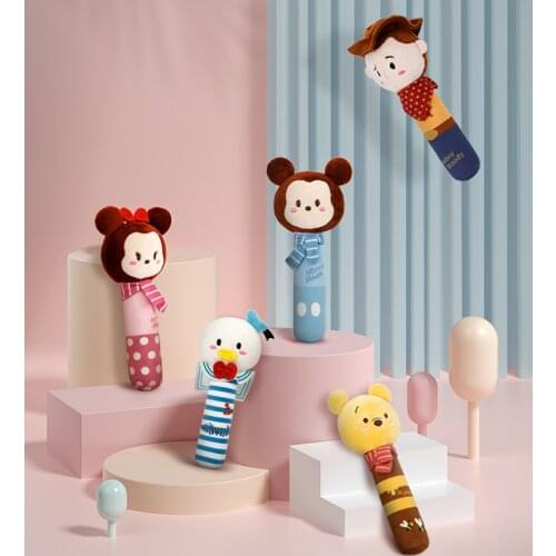 Mickey Minnie Mouse Hand Grasping Stick Baby Soothing Stick Chewing Doll Hand Puppet Baby Cloth Art Plush Toy Rattle Ring