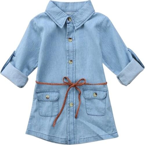 New 2020 Summer Baby Kids Girls Cowboy Dresses Long Sleeve Blue Denim Dress With Waist Rope Outfits Clothes