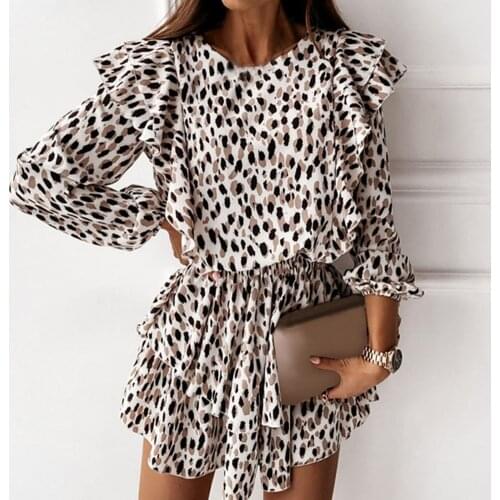 ORIYA Autumn Cascading Floral Dress Sexy Ruffle Floral Print Mini Dress Women Flying Sleeve O Neck Leopard Print Layered Dresses