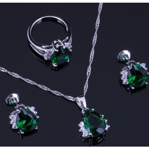 Marvelous Green Cubic Zirconia White CZ Silver Plated Jewelry Sets Earrings Pendant Chain Ring V0323