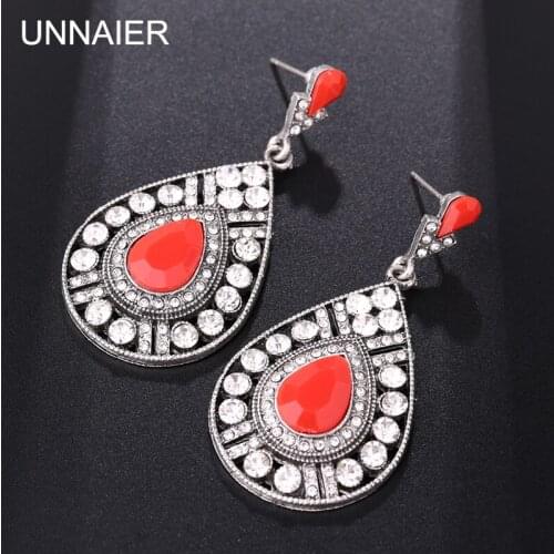 UNNAIER Retro palace Big drop red Semi-precious stones earring Female Rhinestone Ear jewelry