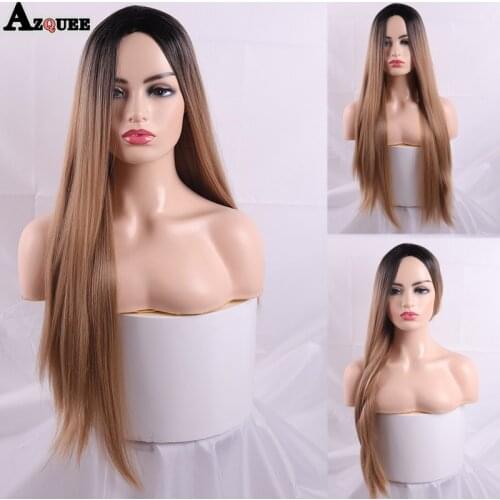 AZQUEEN Synthetic Wigs Long Straight Layered Hairstyle Ombre Black Brown Blonde Gray Ash Full Wigs with Bangs for Black Women