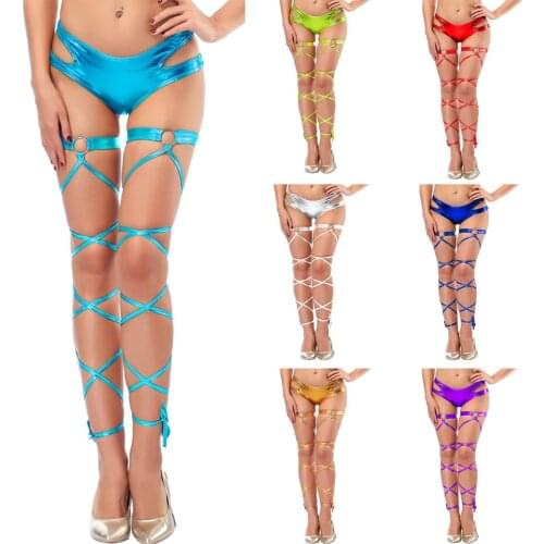 Sexy Women Metallic Shine Cut Out Pants Shorts Wet Look Bondage Leg Thigh High Rings Stockings Nightwear Club Dance Wear Sets