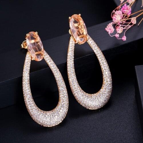ThreeGraces Fashion Designer Champagne Mirco Pave Cubic Zircon Crystal Gold Color Long Big Round Drop Earrings for Women ER327