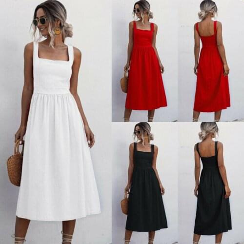 UK 6-16 Women Sleeveless Square Neck Beach Dress Ladies Stretch Holiday Sundress