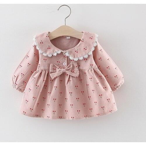 Spring Baby Girls Cherry Print Bow Dress Childrens Wear Wholesale