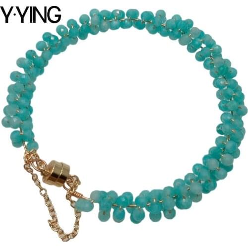 Y·YING classic style Natural 4mm faceted round Blue Peruvian Amazonite Bracelet magnet clasp for women