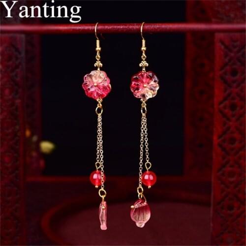 Yanting Handmade Long Dangle Earrings Jewelry Glass Rose Flower Glass Glazed Statement Earrings Gifts For Women Drop Ship 046