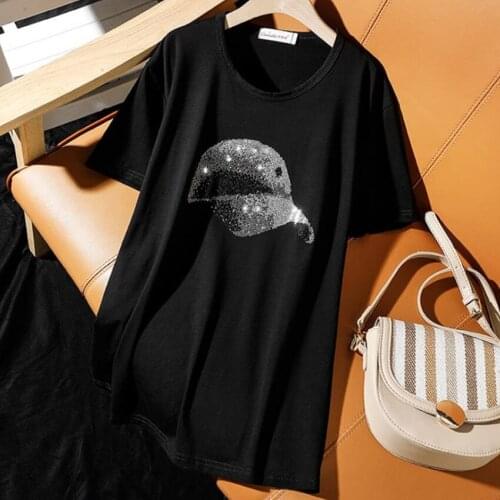 Hot Drilling T-Shirt Women 2021 Summer Black Short Sleeve Diamond top tees plus size 5XL