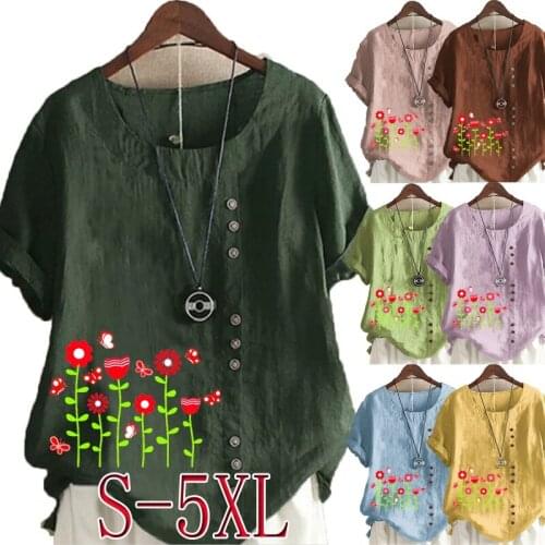 Womens New Fashion O-neck Water-ink Flowers Printed Short Sleeve Tops Loose Linen T-Shirt Casual Blouse S-5XL Plus Size