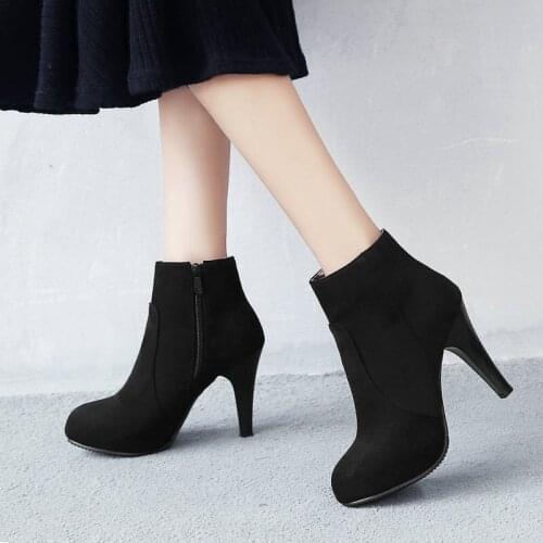 Black Red Blue Autumn Womens Boots Flock Leather High Heel Ankle Boots Zipper Boots Faux Fur Plush Winter Boots Woman 2019