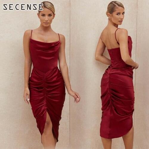 Womens Midi Dresses Backless Satin Draped High Stretch Corset Pleated Spaghetti Strap Dress Sexy Bordeaux Bodycon Skirt SECENSE