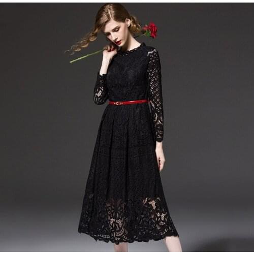 2017 Fashion Black Hollow Out Floral Lace Plus Size Summer Dress Women Ever Pretty Long Sleeves Party Dresses vestido de festa