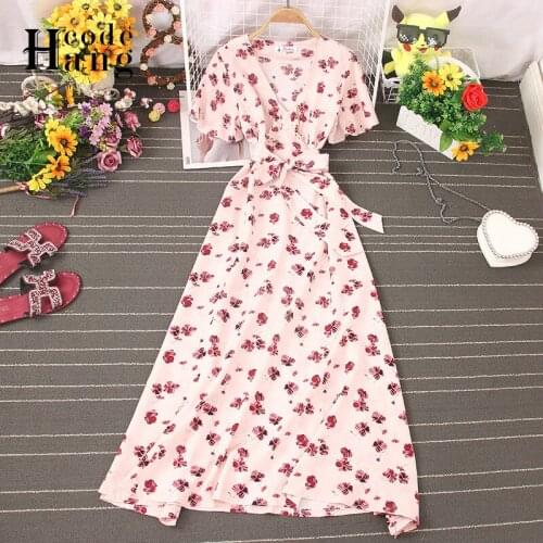 HangCode 2021 Bohemian Floral Print Dresses Women 2021 New Summer V Neck Sashes Long Dress Lady High Waist Elegant Dresses