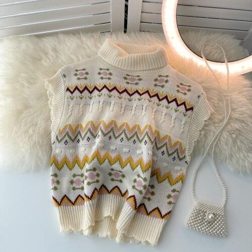 Croysier Turtleneck Sweater Women 2021 Bohemian Vintage Geometric Sleeveless Sweater Vest Scalloped Edge Knitted Pullover Jumper