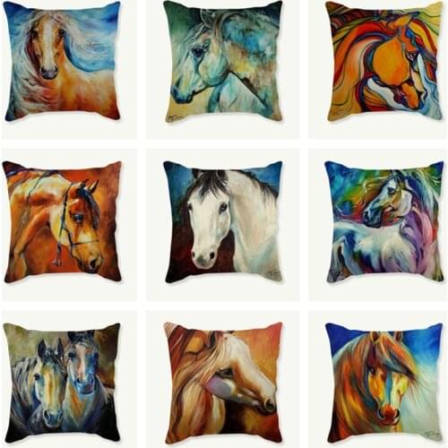 Decorative linen cushion throw pillow case horse oil painting animal print pillowcase car sofa chair decor cushion cover 45x45