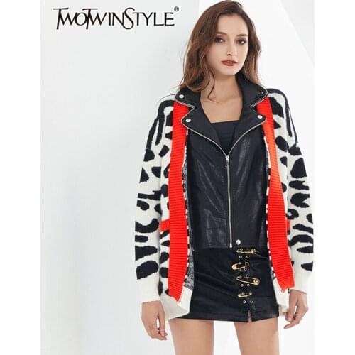 TWOTWINSTYLE Leopard Print Patchwork Fake Two Sweater For Women Lapel Long Sleeve Casual Oversize Cardigans Female 2020 Clothing