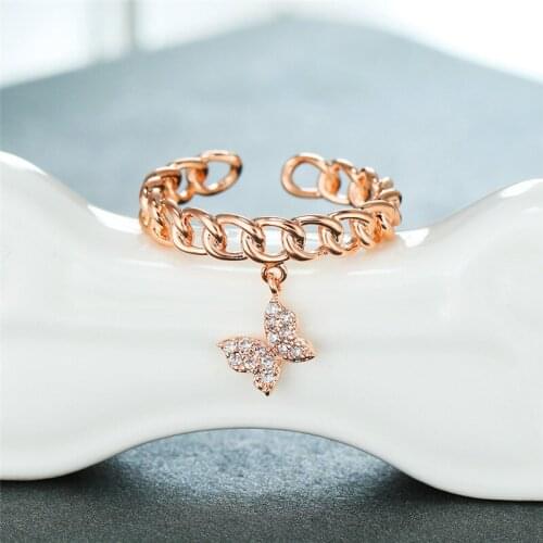 Dainty Cute Butterfly Pendant Engagement Ring Trendy Female White Crystal Jewelry Rose Gold Silver Color Wedding Rings For Women