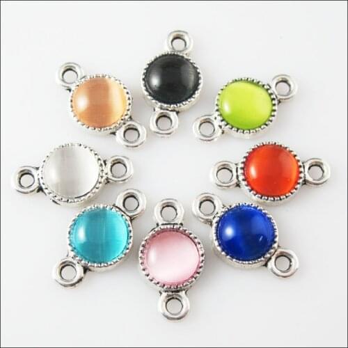 16Pcs Mixed Tibetan Silver Stone Round Charms Pendants Connectors 10x18.5mm