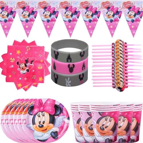 Minnie Mouse Disposable Party Tableware Set Paper Straws Napkins Plate Cup Baby Shower Kids Birthday Party Decorations Supplies