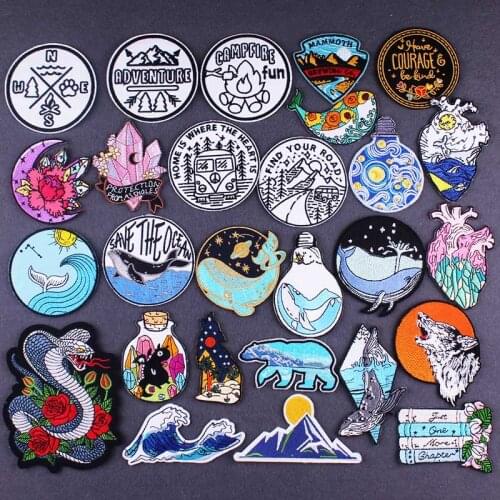 Whale Iron On Patches For Clothing Camping Adventure Patch Natural Stripes DIY Van Gogh Patch Embroidered Patches On Clothes