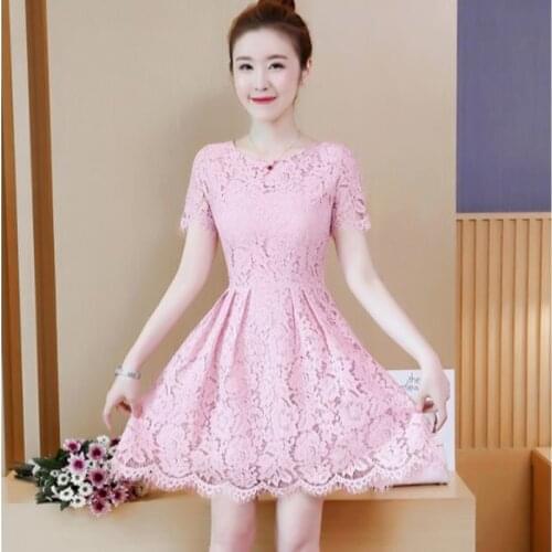 2021 spring and summer fashion new temperament short-sleeved lace dress Korean womens slim mid-length temperament casual dress