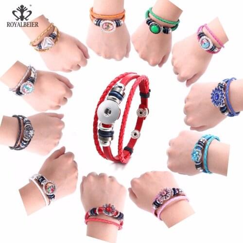 ROYALBEIER Wholesale Price 10pcs Leather Bracelet Fit with 12mm/18mm Snap Buttons Retro Handmade Snap Bracelet Bangles Jewelry