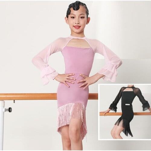 Girls Latin Dance Clothes Gauze Long Sleeve Pink/Black Practice Fringe Dress Rumba Tango ChaCha Samba Salsa Tassel Skirt DWY6173