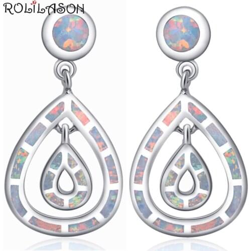 ROLILASON Fashion water drops earring silver plated stamped white fire opal drop Earrings fashion Jewelry OE740