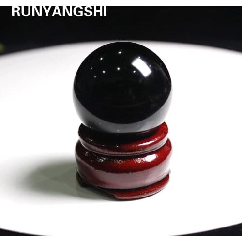 Runyangshi 25-35mm Natural Black Obsidian Sphere Crystal Ball Healing Stone With Stand Home Office Table Ornaments Holiday Gifts