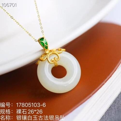 S925 Sterling Silver Natural Jade Hetian Jade Safeness Ring Pendant White Jade Peace Buckle Necklace Pendant Clavicle Chain New
