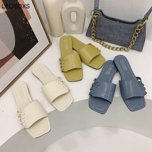 Womens Summer 2021 New Fashion Sweet Wind Sandals Casual Beach Shoes Fairy Style Square Head Lazy Slippers