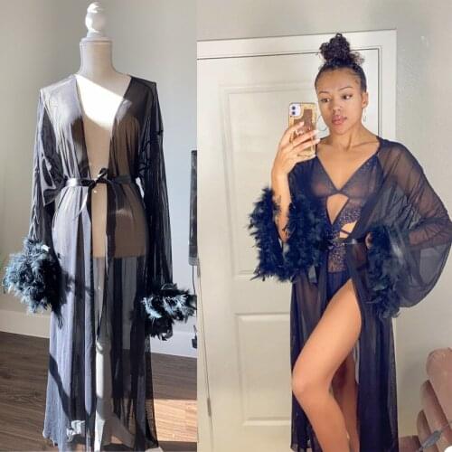 Sexy Long Sleeve Women Dresses Elegant V Neck Feather Nightgown With Belt For Photo Shoot Lingerie Bathrobe Nightwear