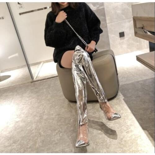 Sliver Black White Pointed Toe Patchwork PVC Woman Transparent Crystal Chunky Spike Heels Zipper Thigh Over The Knee Long Boots
