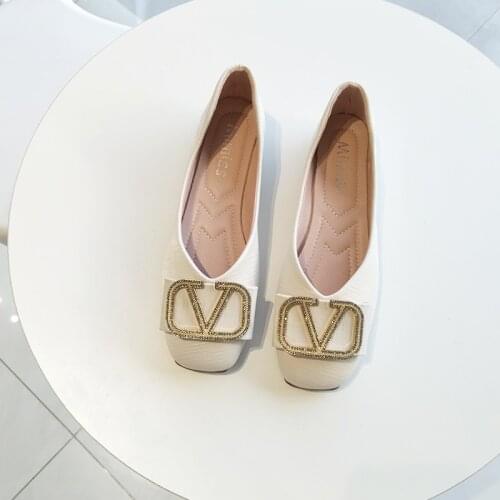 Flat Square Toe Flat Heel Soft Soles Elegant Granny Shoes Water Diamond Buckle Soft Leather Work Beans Shoes Woman Shoes