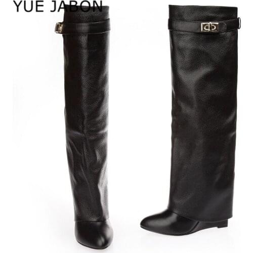 Women Shark Lock Black Boots Genuine Leather Fold Long Boots Wedges High Heel Winter Shoe Botas Mujer Chic 2020 Botas Mujer Shoe