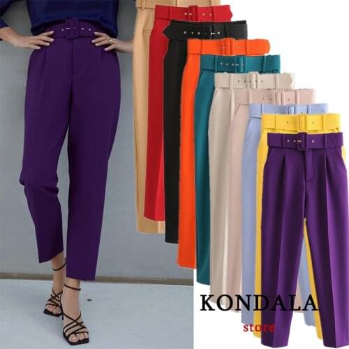 KONDALA Za Women Office Lady Pants Sashes High Waist Fashion 2021 Trousers Women Wide Leg Streetwear Pants Chic Elegant Mujer