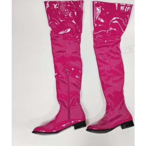 LAIGZEM Women Over Knee Boots Shiny Patent Side Zip Low Chunky Heels Boots Thigh High Shoes Waterproof Botas Big Size 47 50 52