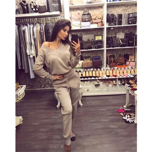 Pull Winter New Cashmere Wool Knit Suit Female V-neck Long-sleeved Solid Color Casual Sweater + Feet Pants Two Sets Of Women