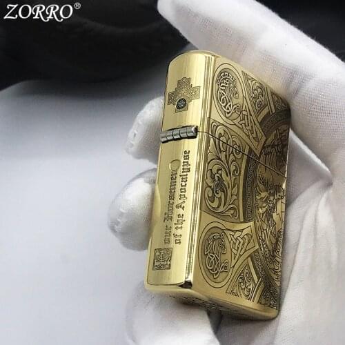Zorro Kerosene Lighter Windproof Old Style Pure Copper Carving Knight Pattern Gasoline Lighter Men Gift Smoking Kitchen Tool